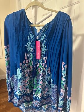 Lilly Pulitzer Royal Blue Floral-Pleat Tassel Tunic